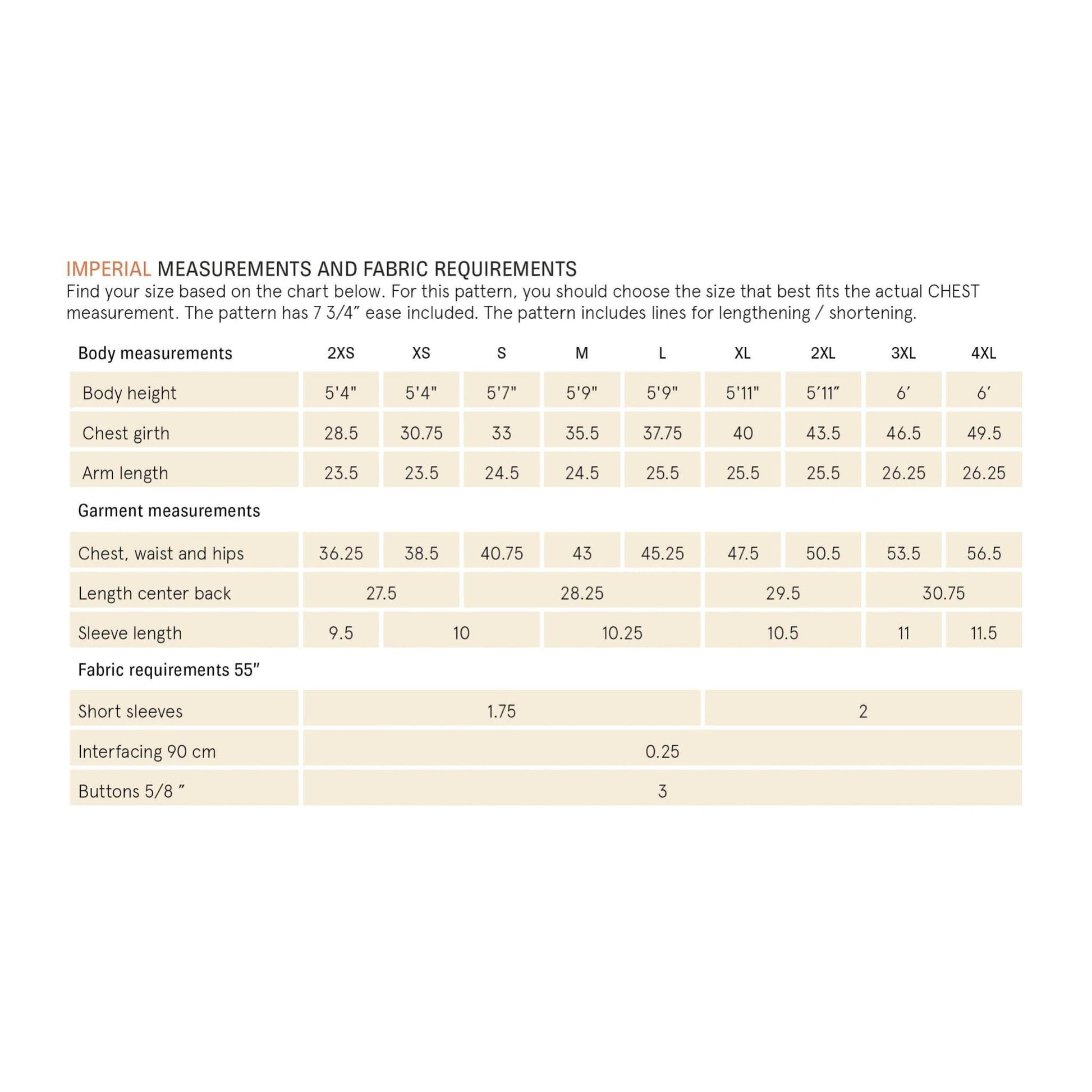Measurement chart for clothing with body and garment dimensions on a white background