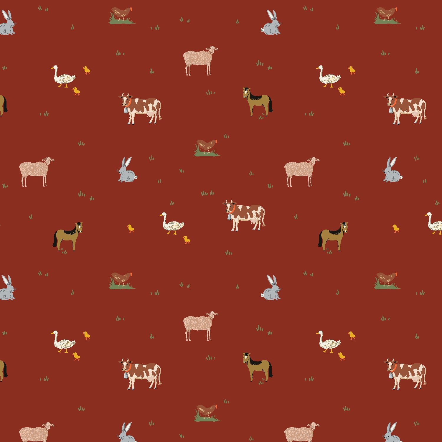 Cotton + Steel-Farm Animals Crimson-fabric-gather here online