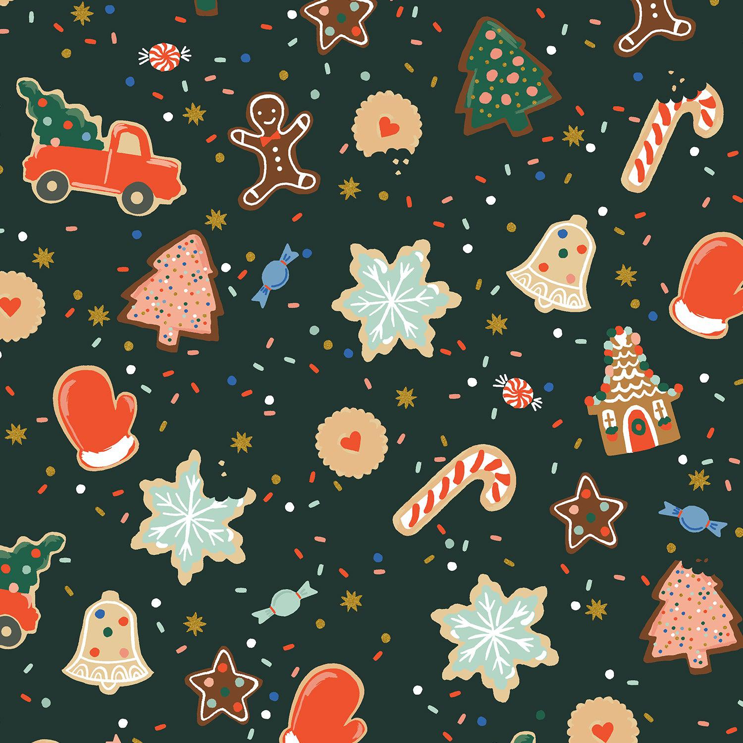 Cotton + Steel-Christmas Cookies Evergreen Metallic-fabric-gather here online