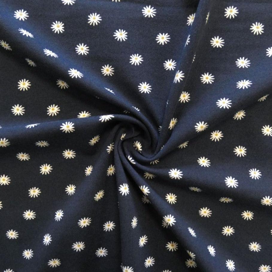 Lady McElroy-Starring Daisies Navy on Luxury Stretch Jersey-fabric-gather here online