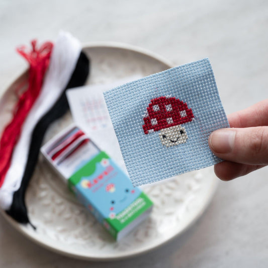 Marvling Bros-Kawaii Toadstool Cross Stitch Kit in a Matchbox-xstitch kit-gather here online