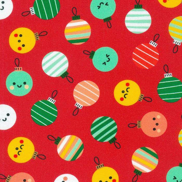 Robert Kaufman-Playful Holiday Ornaments on Red-fabric-gather here online