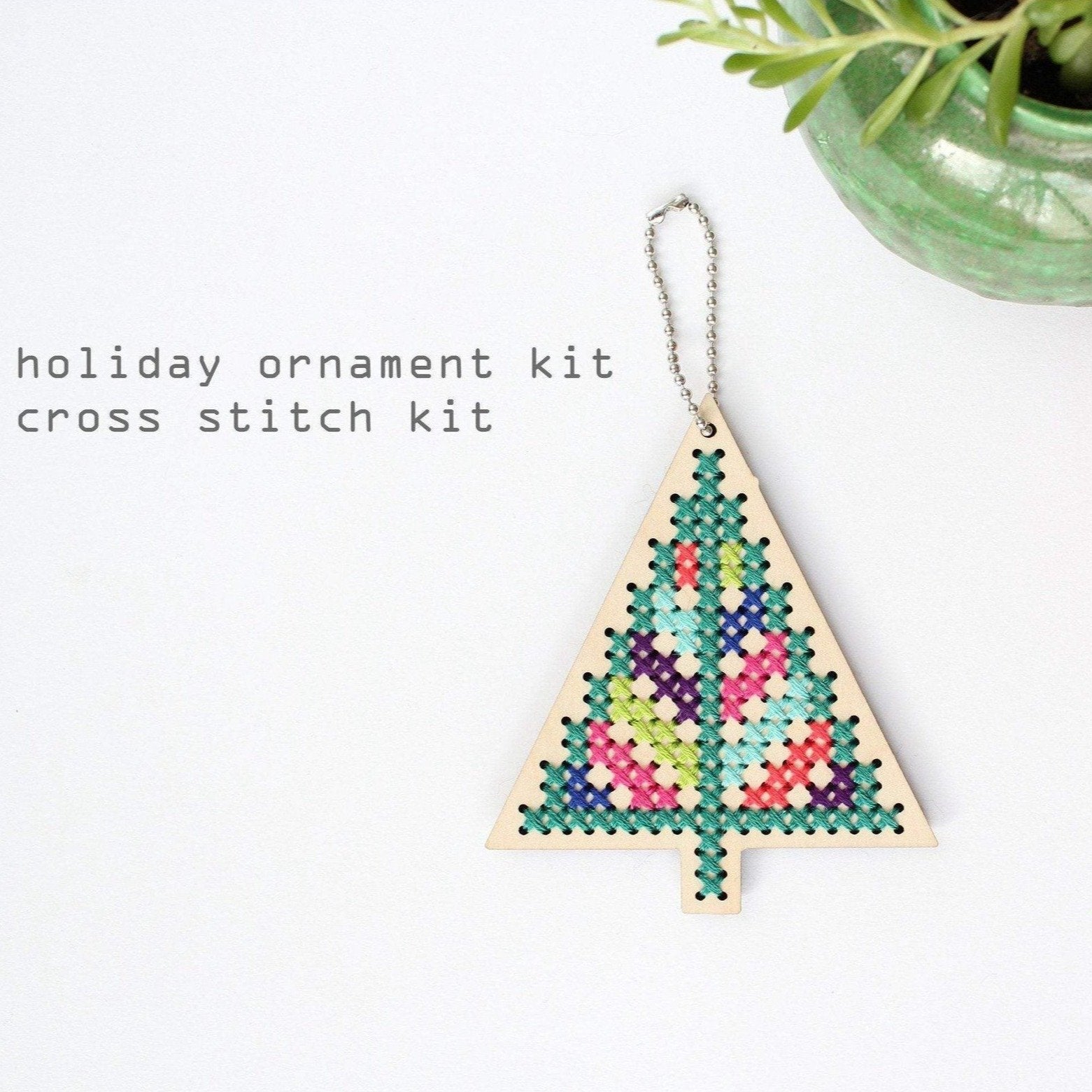 Diana Watters Handmade - Holiday Tree Ornament, Wood Disk Cross Stitch Kit - - gatherhereonline.com