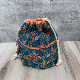 Denise Snow Williams-One of a Kind Drawstring Project Bags-accessory-Medium - Floral w/ Exterior Zipper (orange on blue)-gather here online