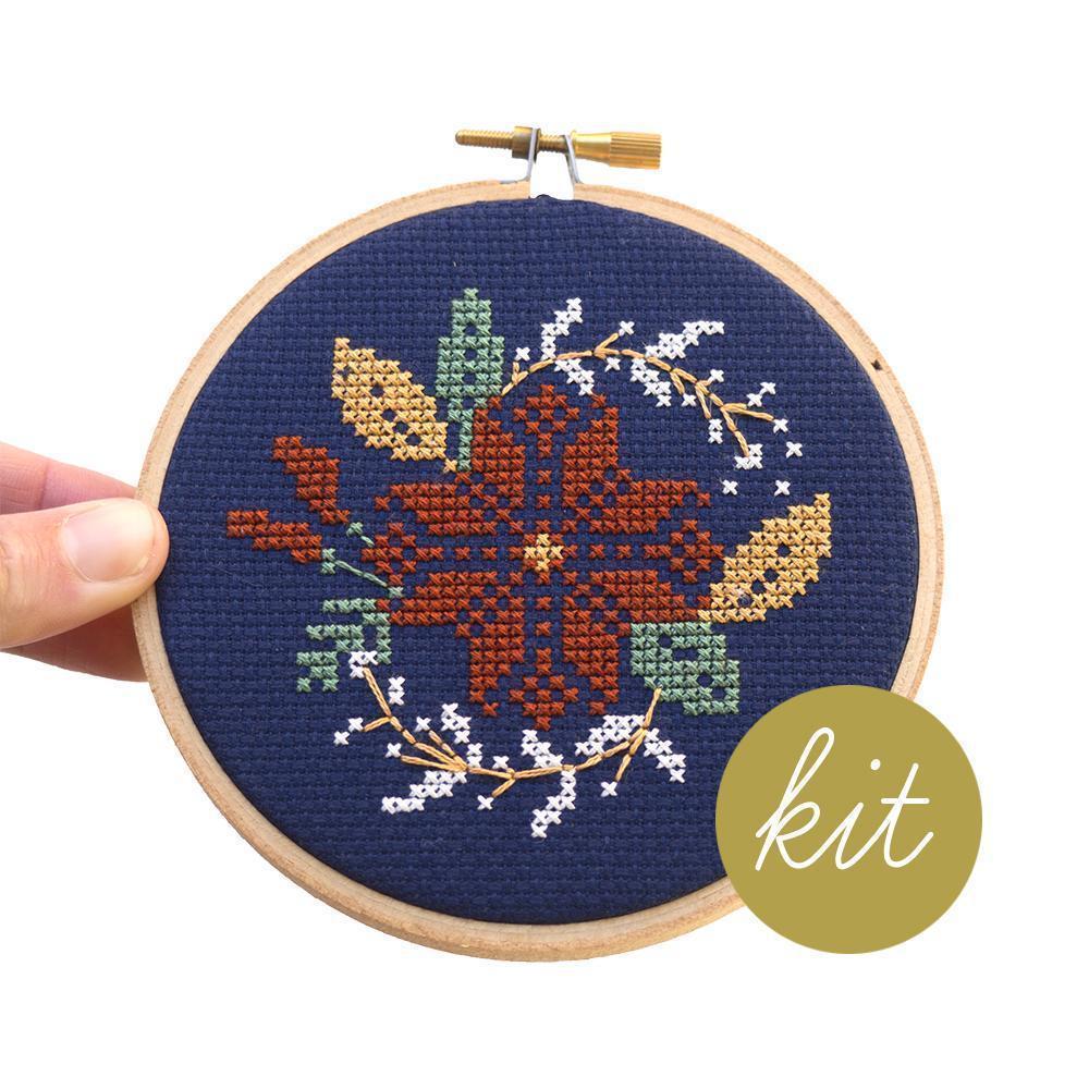 Junebug and Darlin-Poinsettia Wreath-embroidery/xstitch kit-gather here online