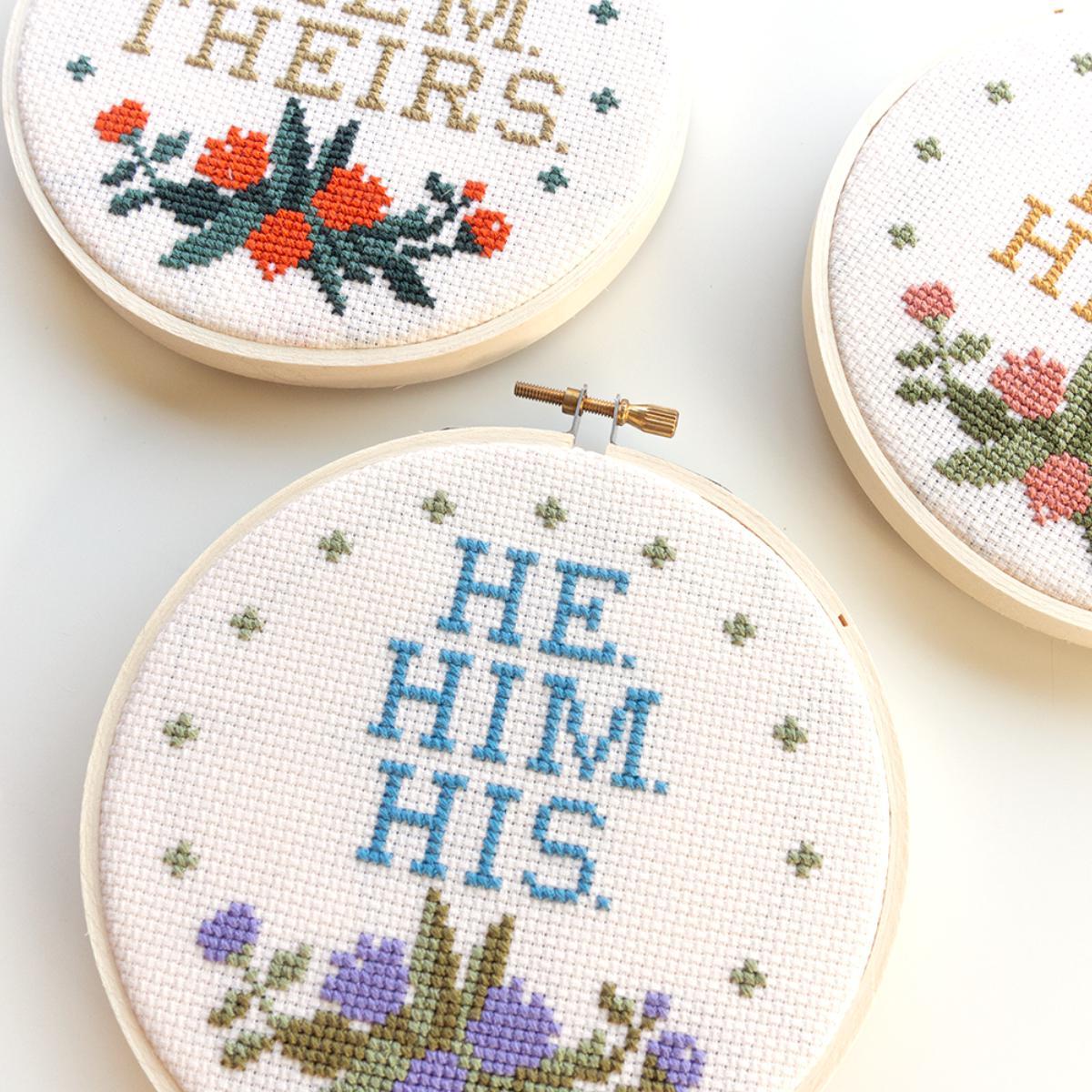 Junebug and Darlin-Preferred Pronouns He Cross Stitch Kit-xstitch kit-gather here online