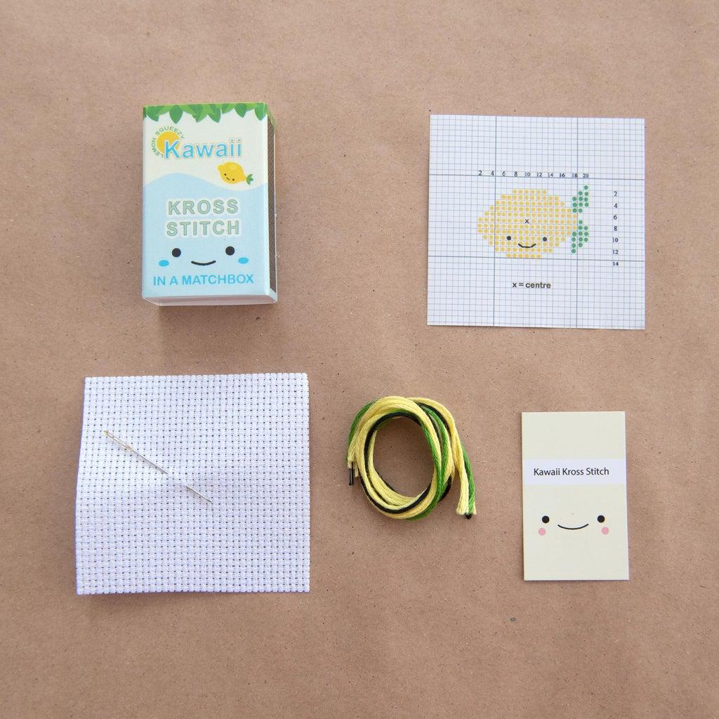 Marvling Bros-Kawaii Lemon Mini Cross Stitch Kit in a Matchbox-xstitch kit-gather here online