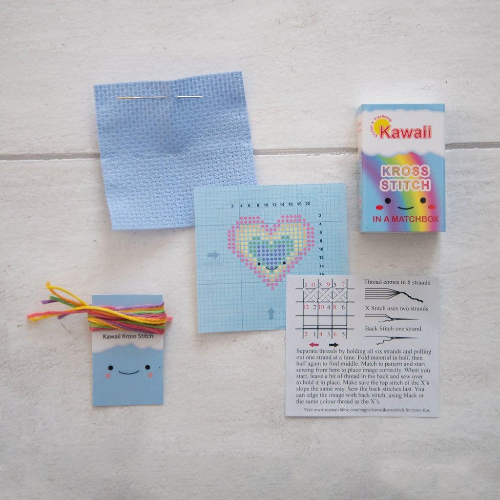 Marvling Bros-Kawaii Rainbow Heart Mini Cross Stitch Kit in a Matchbox-xstitch kit-gather here online