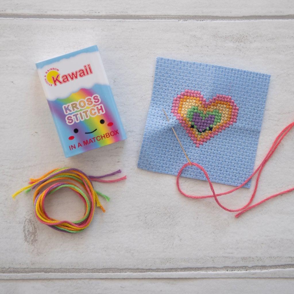 Marvling Bros-Kawaii Rainbow Heart Mini Cross Stitch Kit in a Matchbox-xstitch kit-gather here online