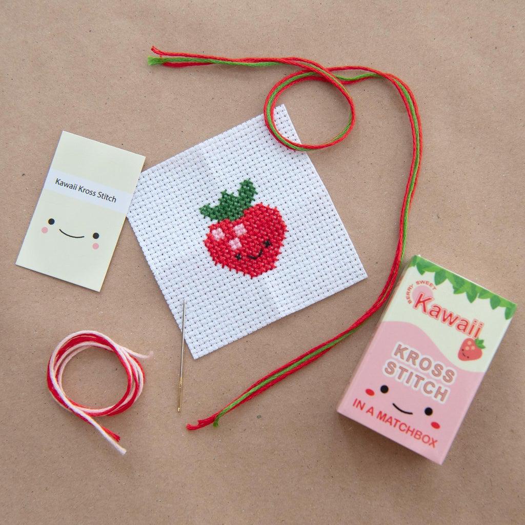 Marvling Bros-Kawaii Strawberry Mini Cross Stitch Kit in a Matchbox-xstitch kit-gather here online