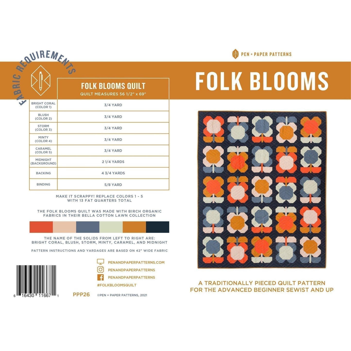 Pen & Paper Patterns-Folk Blooms Quilt Pattern-quilting pattern-gather here online