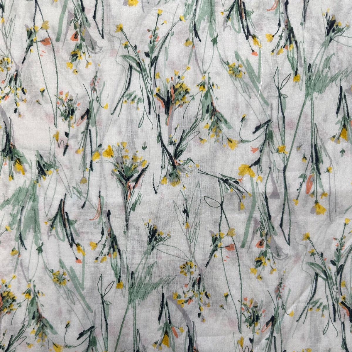 Kokka-Ink Sketch Yellow Stems on Cotton Lawn-fabric-gather here online