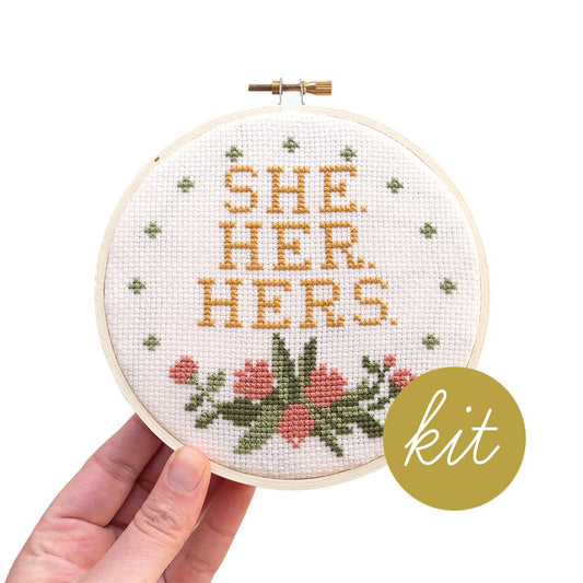 Junebug and Darlin-Pronouns She Cross Stitch Kit-xstitch kit-gather here online