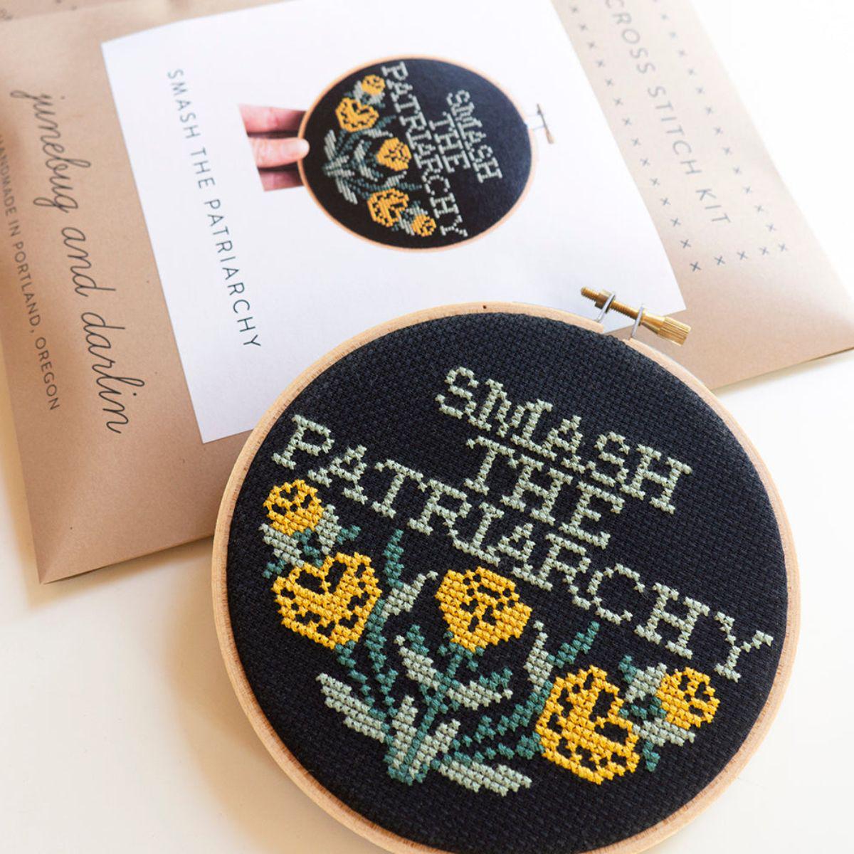 Junebug and Darlin-Smash the Patriarchy, 5" Cross Stitch Kit-xstitch kit-gather here online