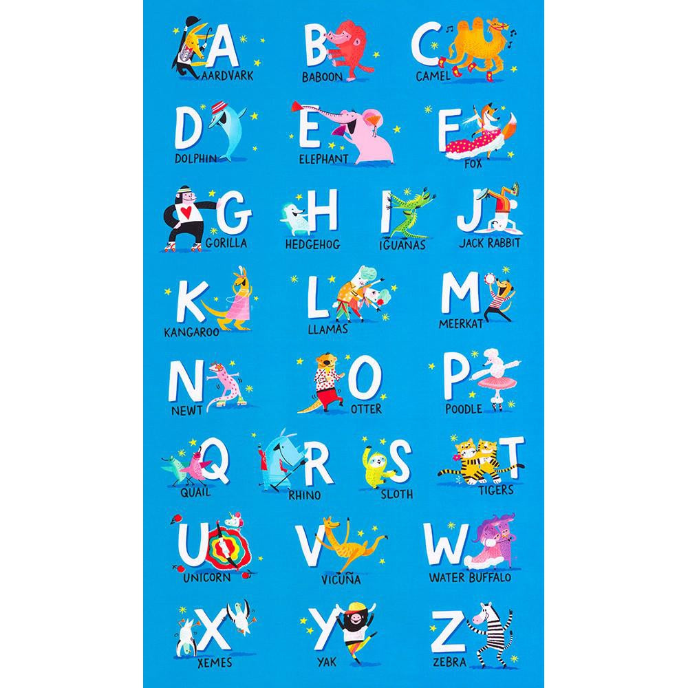 Robert Kaufman-Dancing Alphabet Animals on Blue-fabric-gather here online