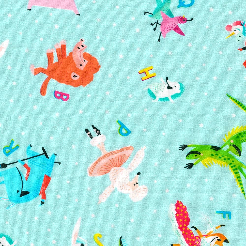 Robert Kaufman-Dancing Animals Scatter on Aqua-fabric-gather here online