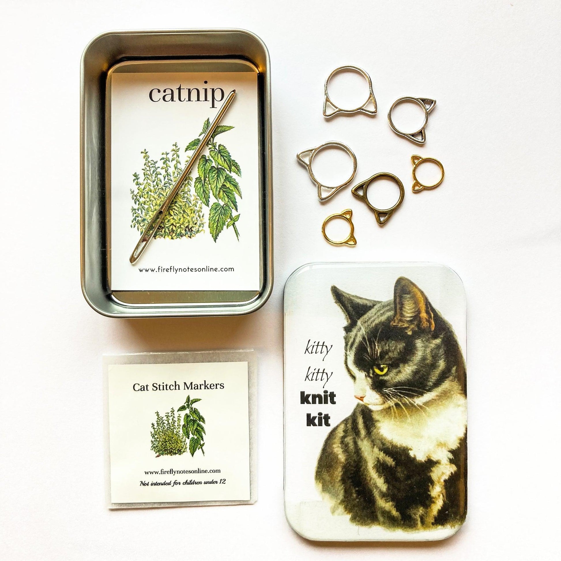 Firefly Notes-Cat Stitch Marker Tin Knit Tool Kit-knitting notion-gather here online