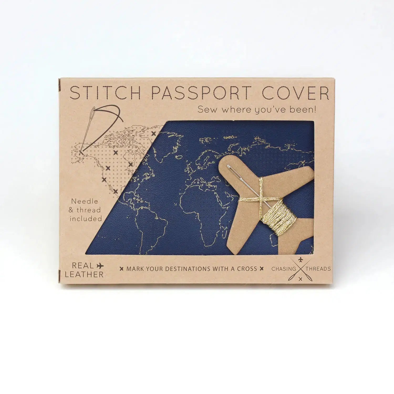 Chasing Threads-DIY Stitch Where You've Been Passport Cover Kit - Navy Leather-xstitch kit-gather here online